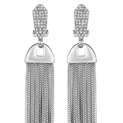 Vince Camuto Silvertone Pave Tassel Drop Clip On Earrings Silver Tone