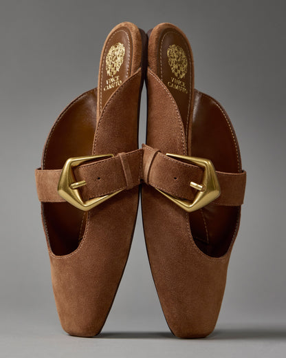 Vince Camuto Vellma Buckle Mule Burnt Sugar Suede
