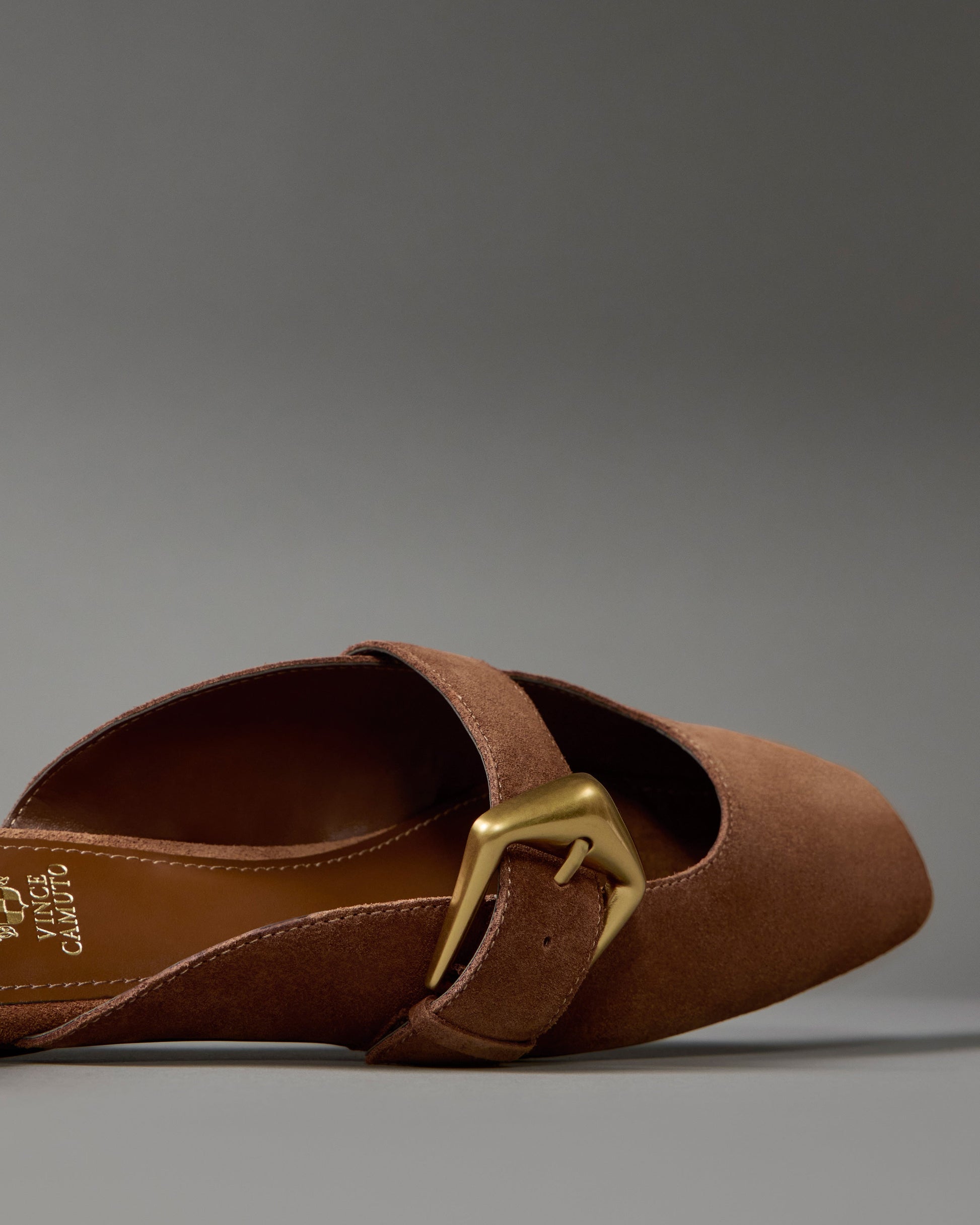 Vince Camuto Vellma Buckle Mule Burnt Sugar Suede