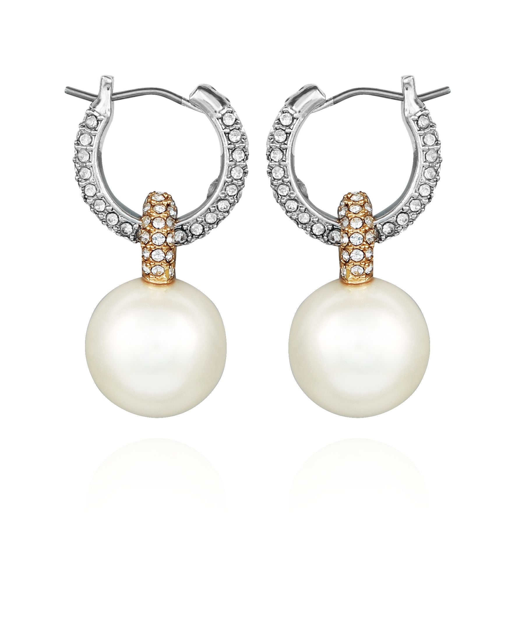 Vince Camuto Two Tone Pearl Drop Hoop Earrings Silver Tone