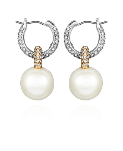 Vince Camuto Two Tone Pearl Drop Hoop Earrings Silver Tone