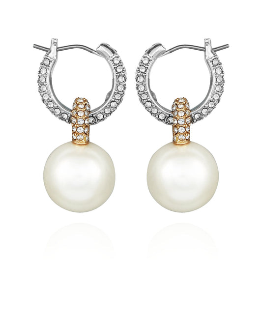 Vince Camuto Two Tone Pearl Drop Hoop Earrings Silver Tone