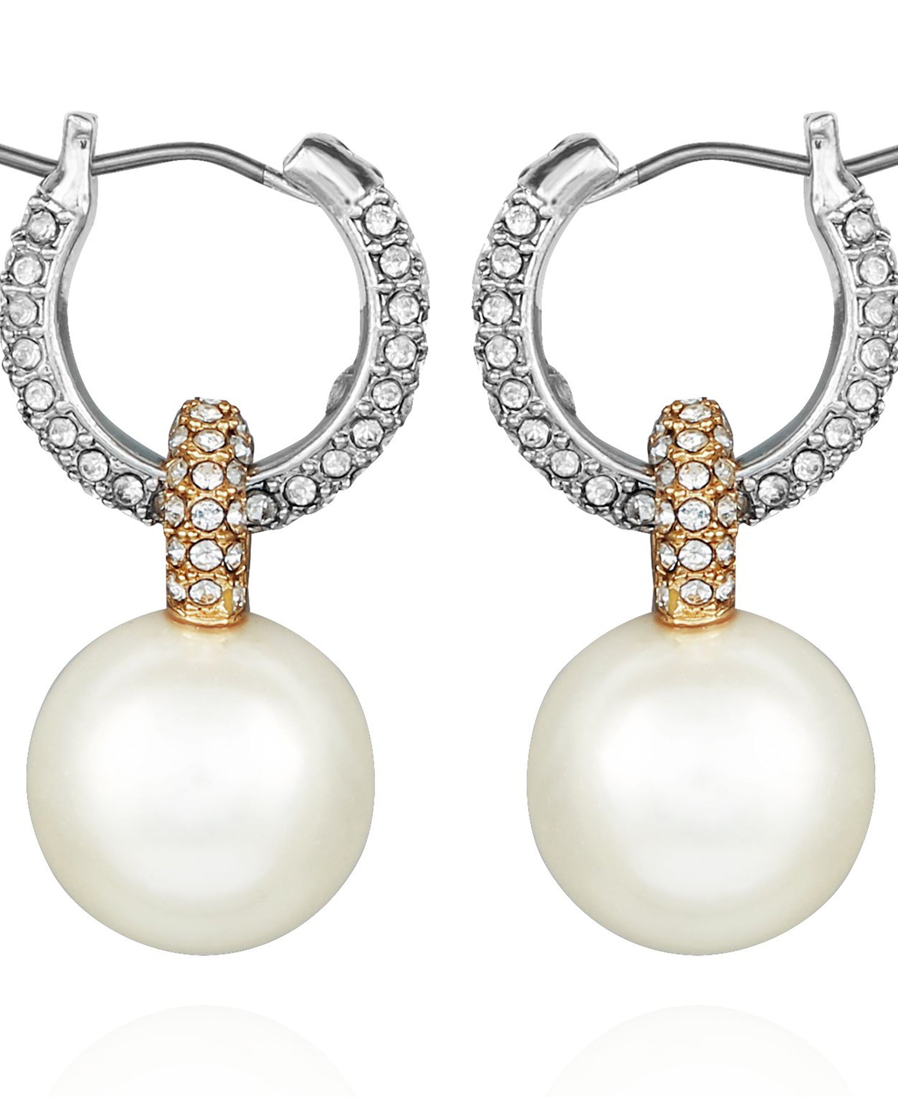 Vince Camuto Two Tone Pearl Drop Hoop Earrings Silver Tone