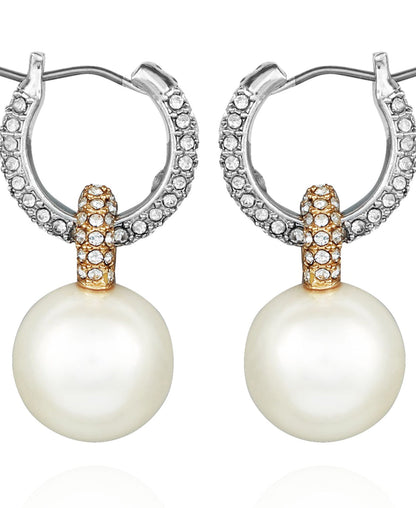 Vince Camuto Two Tone Pearl Drop Hoop Earrings Silver Tone