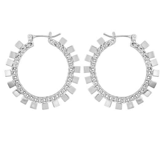 Vince Camuto Silvertone Hoop Earrings With Geometric Accents Silver Tone