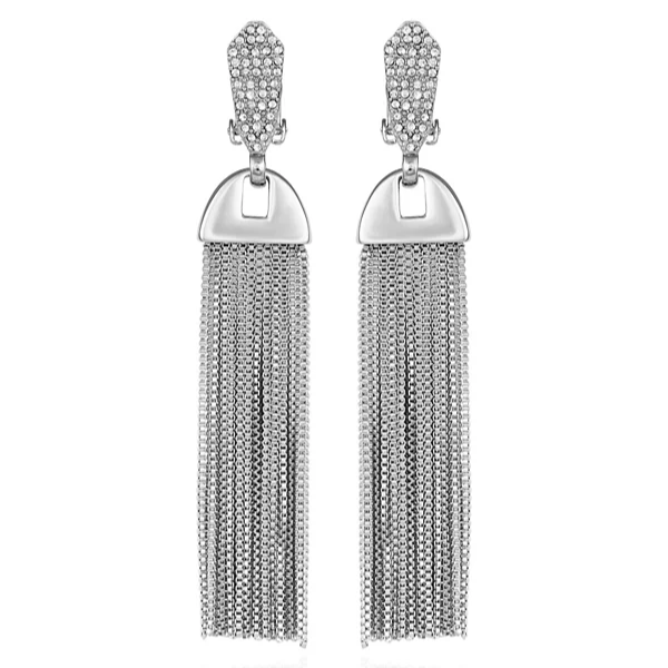 Vince Camuto Silvertone Pave Tassel Drop Clip On Earrings Silver Tone