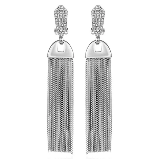 Vince Camuto Silvertone Pave Tassel Drop Clip On Earrings Silver Tone