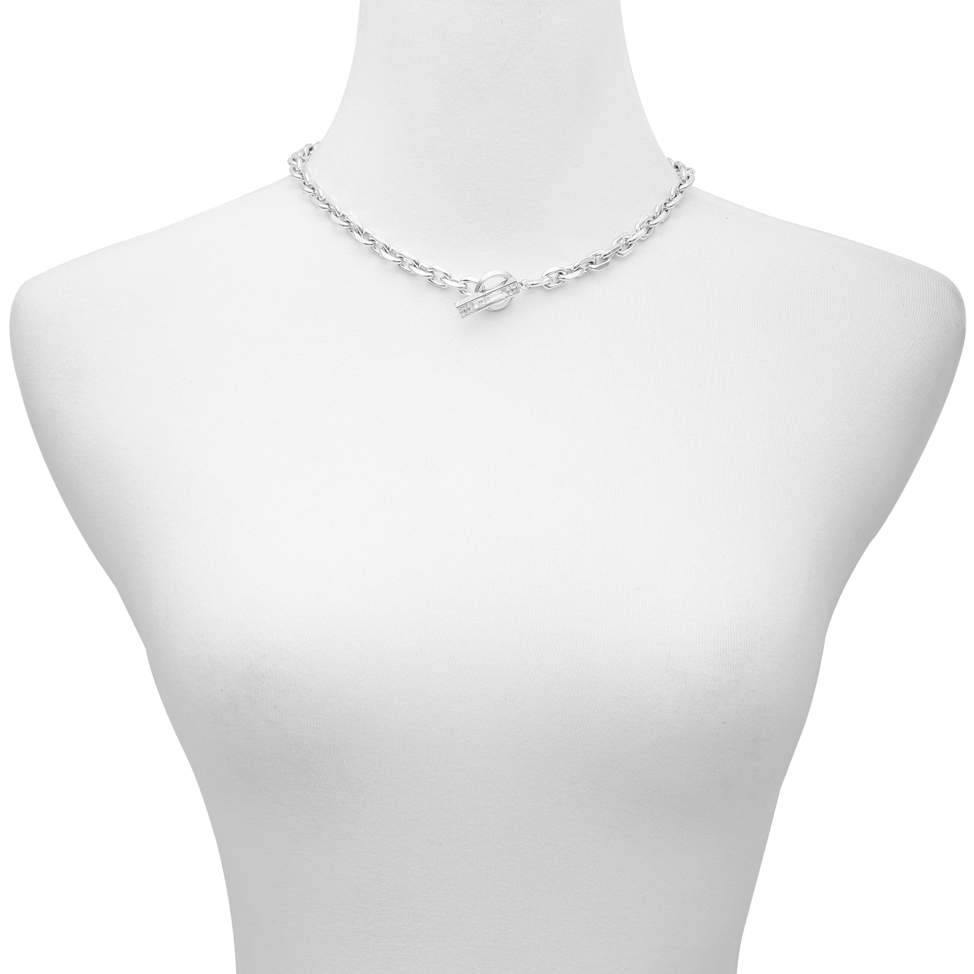 Vince Camuto Silvertone Baguette Crystal Stone Toggle Necklace Silver Tone