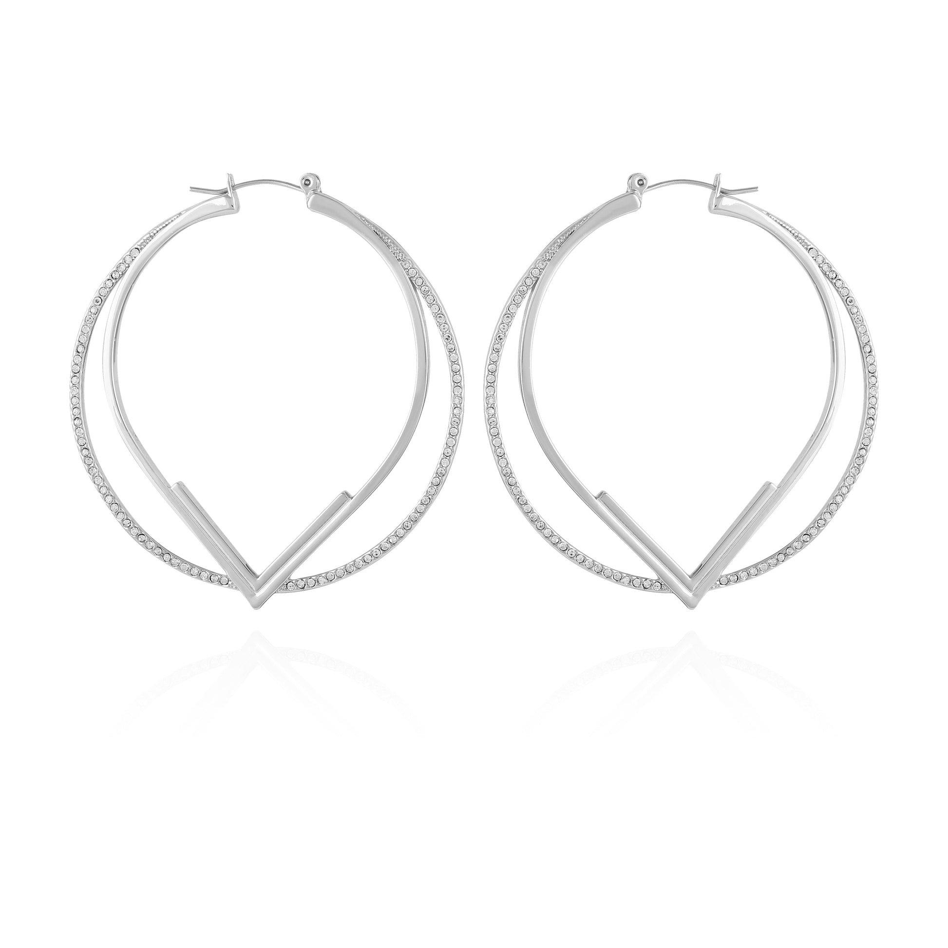 Vince Camuto Double Hoop V Pave Earrings Silver Tone